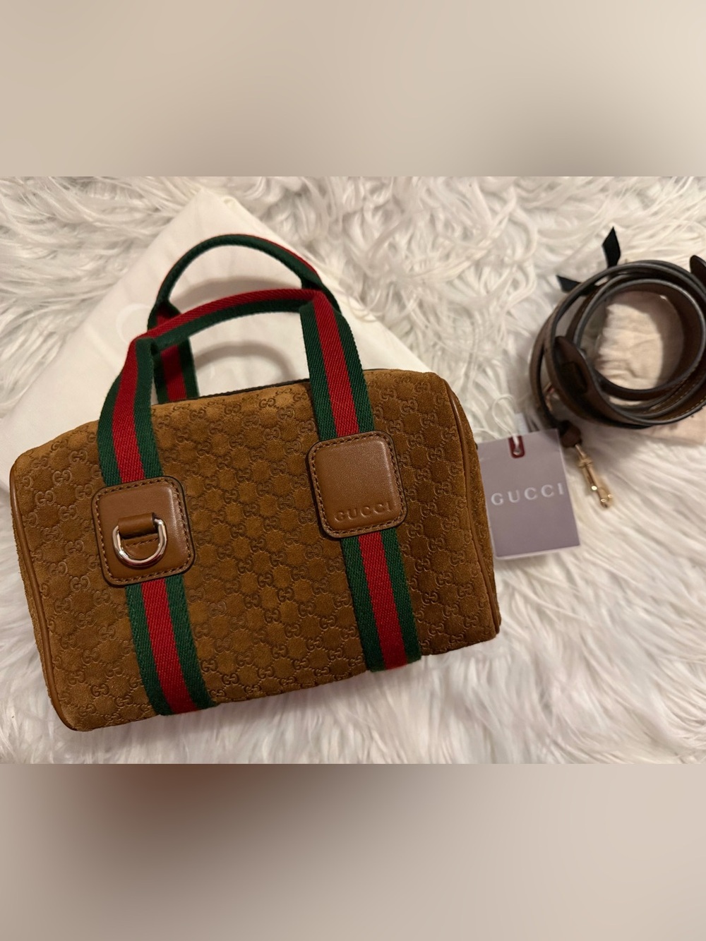Gucci Suede Brown Mini Duffle with Green-Red Web Handles NWT